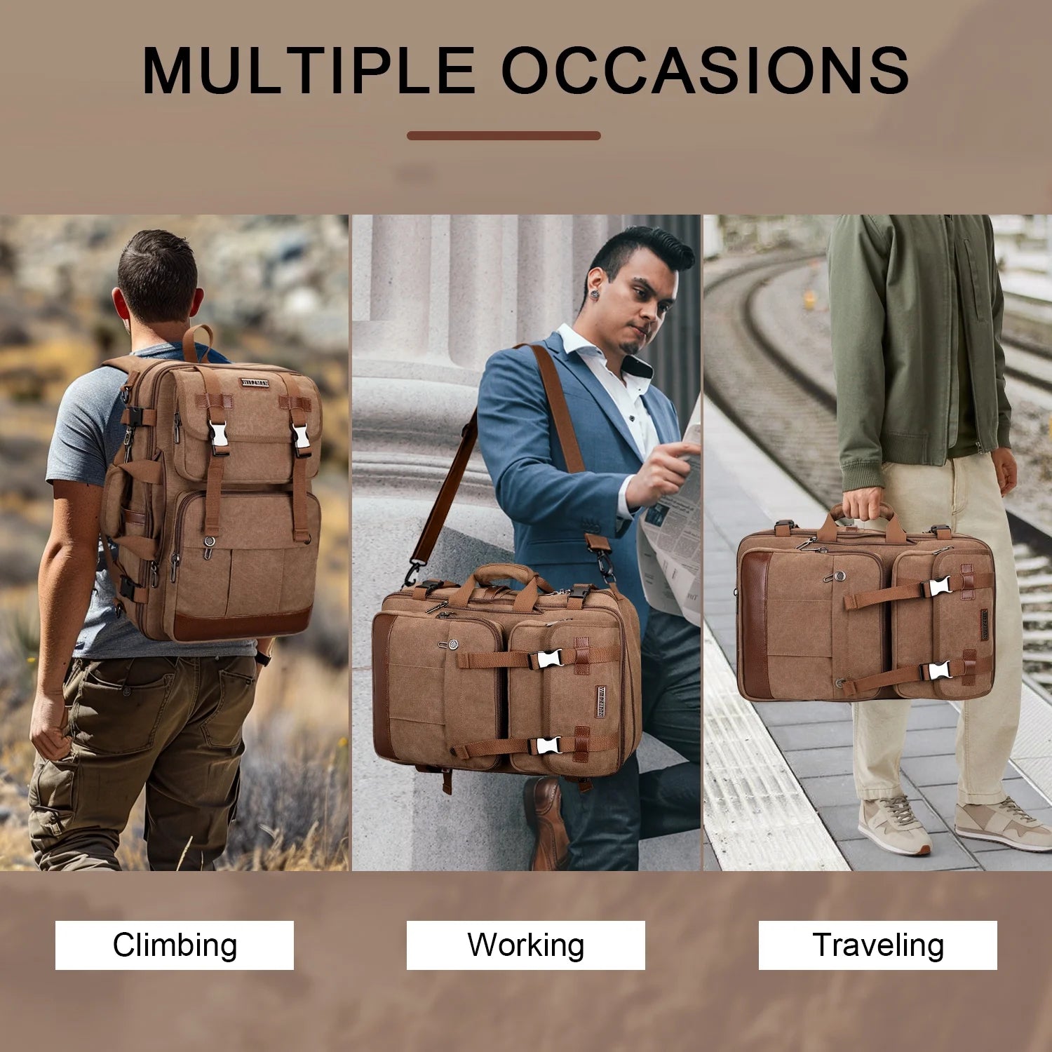 Canvas Travel Backpack for Men Women Expandable Large Carry on Duffel Bag Backpack for Airplane Fit 17 Inch Laptop (A6617-3 Brown)