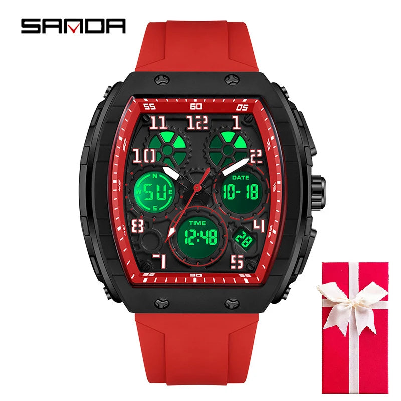 Men Sports Digital Wrist Watches for Male Clock Dual Display Man Tonneau Watches Chronograph Luminous Silicone Band Dropship