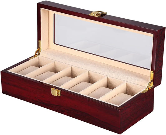 Watch Box, 6 Slot Watch Case, Watch Holder with Glass Lid, Wooden Watch Case with Removable Watch Pillow, Metal Clasp Watch Display, Clear