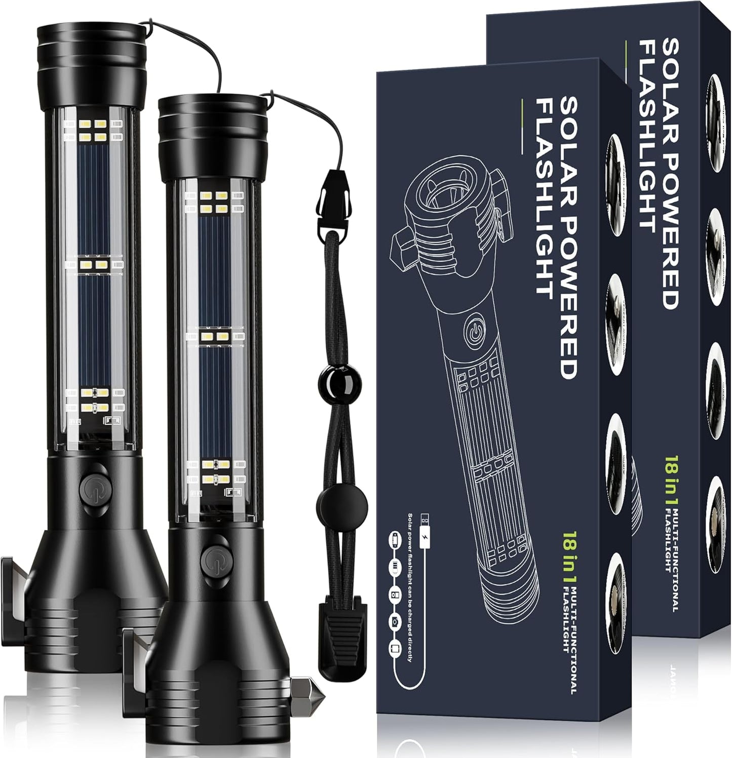 Solar/Rechargeable LED Flashlight, Multi Function Ultra Bright Flashlight, Emergency Strobe Light, USB-C Rechargeable, Survival Gear and Supplies, 5 Modes for Outdoor, Camping, Hiking, 2 Pack