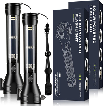 Solar/Rechargeable LED Flashlight, Multi Function Ultra Bright Flashlight, Emergency Strobe Light, USB-C Rechargeable, Survival Gear and Supplies, 5 Modes for Outdoor, Camping, Hiking, 2 Pack