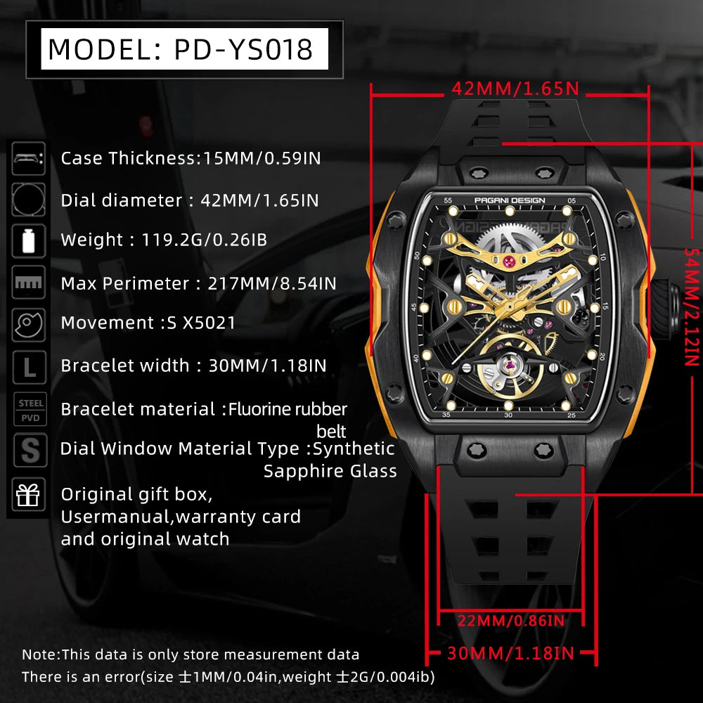 2025 New  42MM Tonneau Men Mechanical Watch Luxury Sapphire Glass Automatic Watch 50M Waterproof Skeleton Watch Men