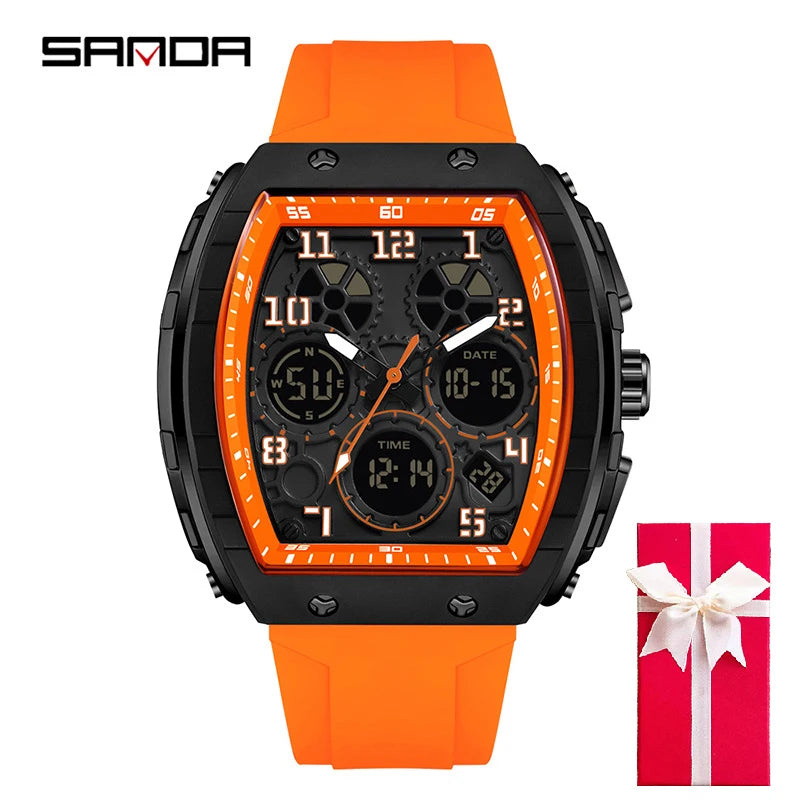 Men Sports Digital Wrist Watches for Male Clock Dual Display Man Tonneau Watches Chronograph Luminous Silicone Band Dropship