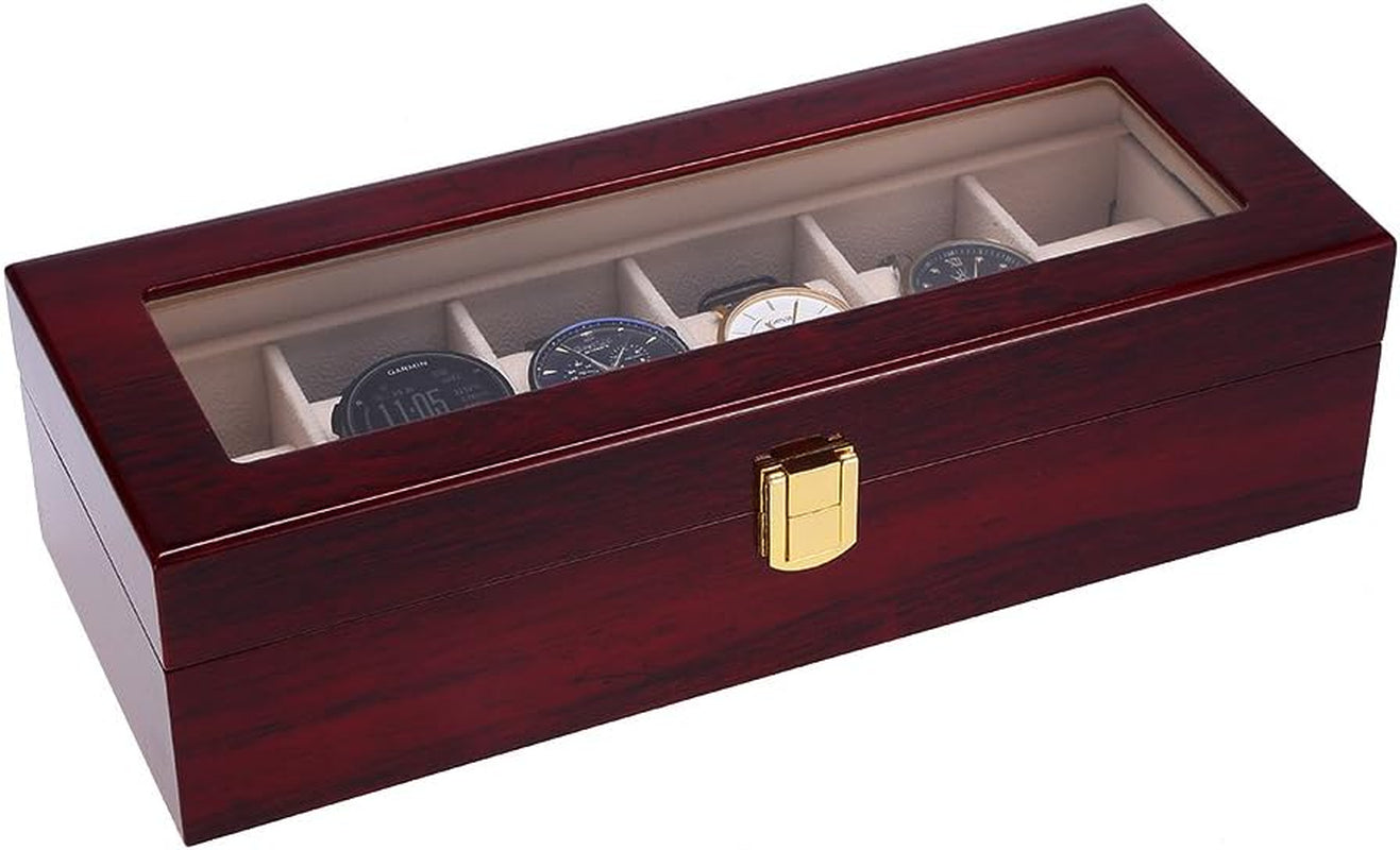 Watch Box, 6 Slot Watch Case, Watch Holder with Glass Lid, Wooden Watch Case with Removable Watch Pillow, Metal Clasp Watch Display, Clear