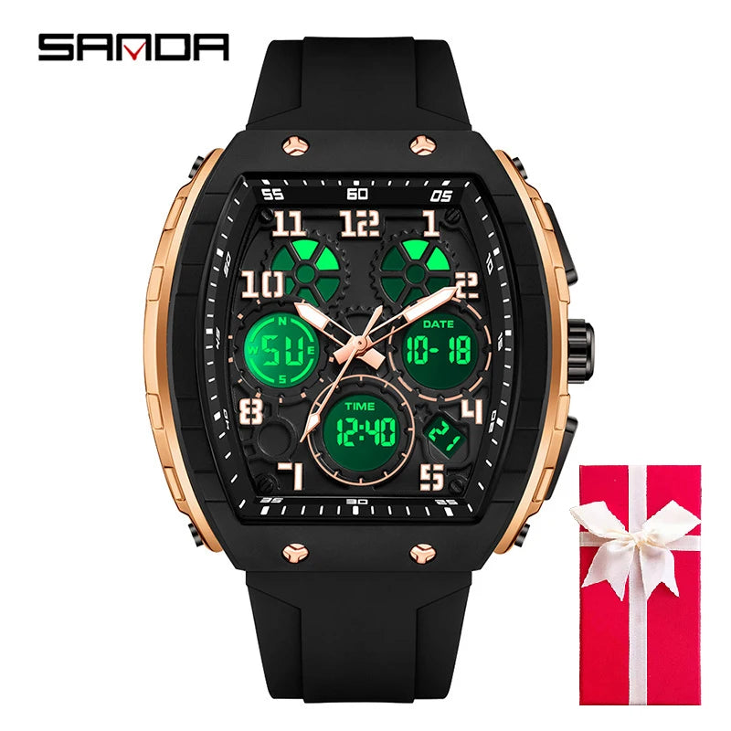Men Sports Digital Wrist Watches for Male Clock Dual Display Man Tonneau Watches Chronograph Luminous Silicone Band Dropship