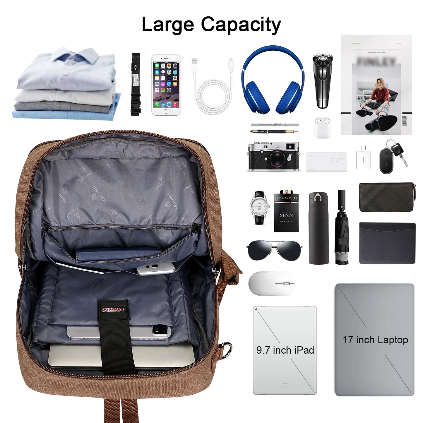 Canvas Travel Backpack for Men Women Expandable Large Carry on Duffel Bag Backpack for Airplane Fit 17 Inch Laptop (A6617-3 Brown)