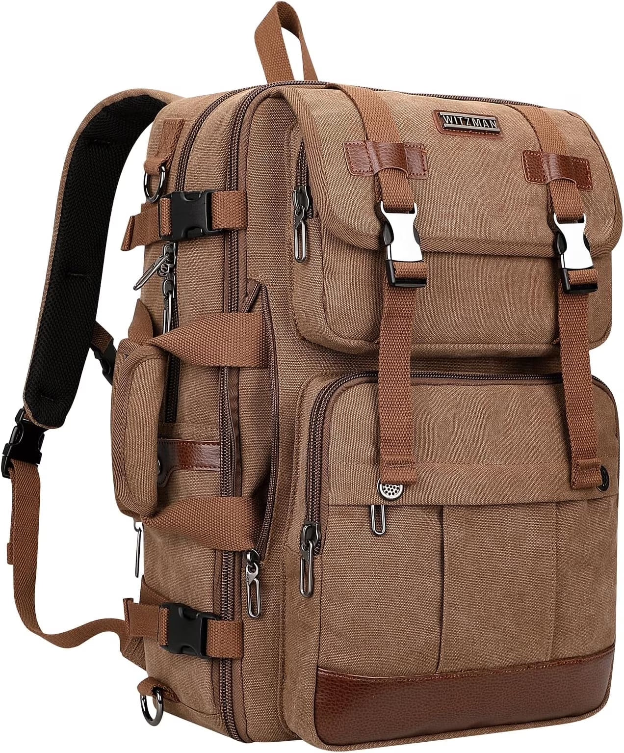 Canvas Travel Backpack for Men Women Expandable Large Carry on Duffel Bag Backpack for Airplane Fit 17 Inch Laptop (A6617-3 Brown)