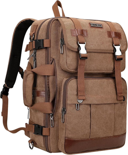 Canvas Travel Backpack for Men Women Expandable Large Carry on Duffel Bag Backpack for Airplane Fit 17 Inch Laptop (A6617-3 Brown)