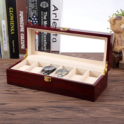 Watch Box, 6 Slot Watch Case, Watch Holder with Glass Lid, Wooden Watch Case with Removable Watch Pillow, Metal Clasp Watch Display, Clear