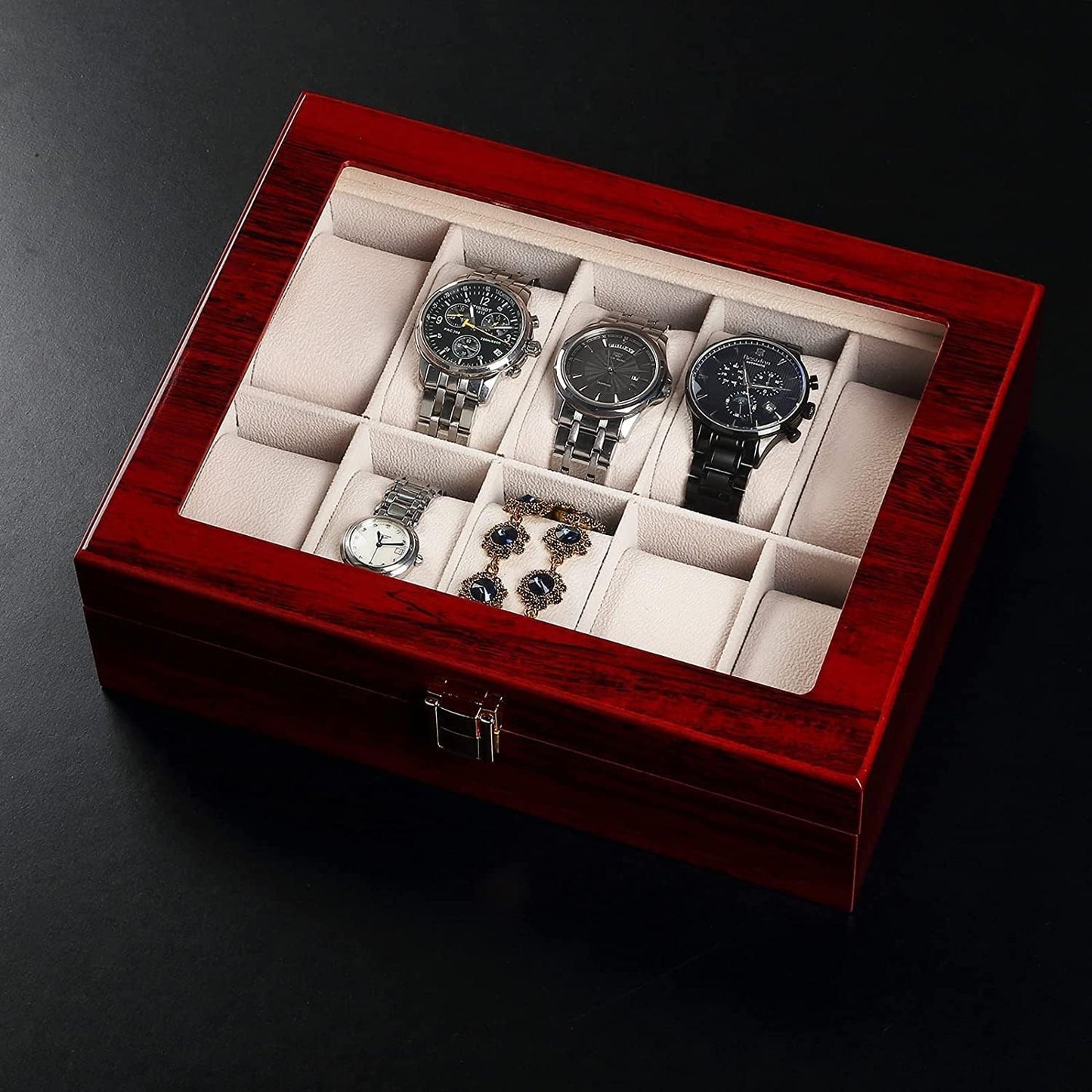 Watch Box, 10 Slots Wooden Watch Case with Removable Watch Pillow, Metal Clasp Watch Display, Watch Box Organizer for Men and Women