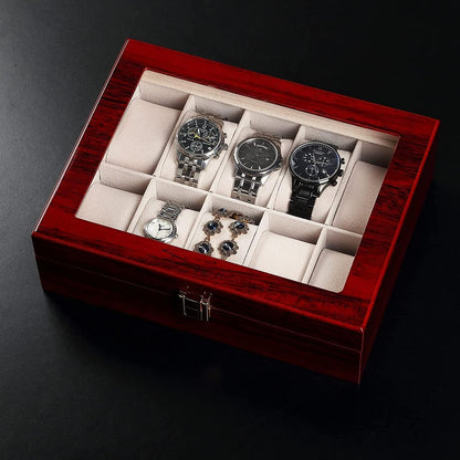 Watch Box, 10 Slots Wooden Watch Case with Removable Watch Pillow, Metal Clasp Watch Display, Watch Box Organizer for Men and Women