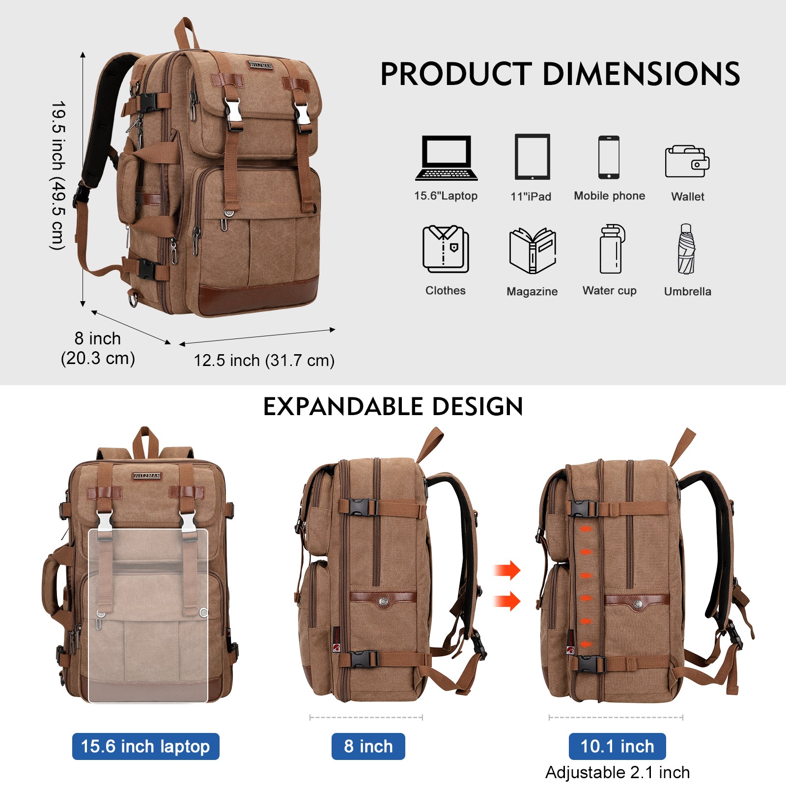 Canvas Travel Backpack for Men Women Expandable Large Carry on Duffel Bag Backpack for Airplane Fit 17 Inch Laptop (A6617-3 Brown)