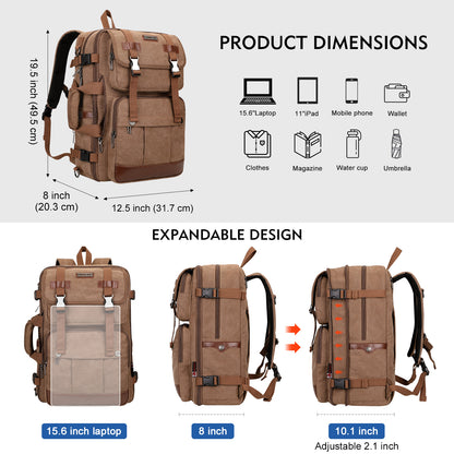Canvas Travel Backpack for Men Women Expandable Large Carry on Duffel Bag Backpack for Airplane Fit 17 Inch Laptop (A6617-3 Brown)