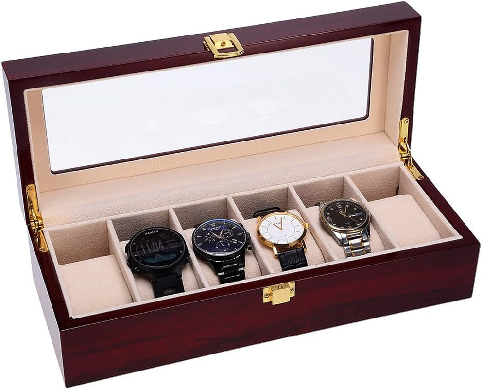 Watch Box, 6 Slot Watch Case, Watch Holder with Glass Lid, Wooden Watch Case with Removable Watch Pillow, Metal Clasp Watch Display, Clear