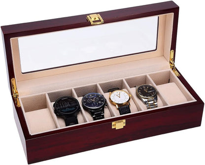 Watch Box, 6 Slot Watch Case, Watch Holder with Glass Lid, Wooden Watch Case with Removable Watch Pillow, Metal Clasp Watch Display, Clear