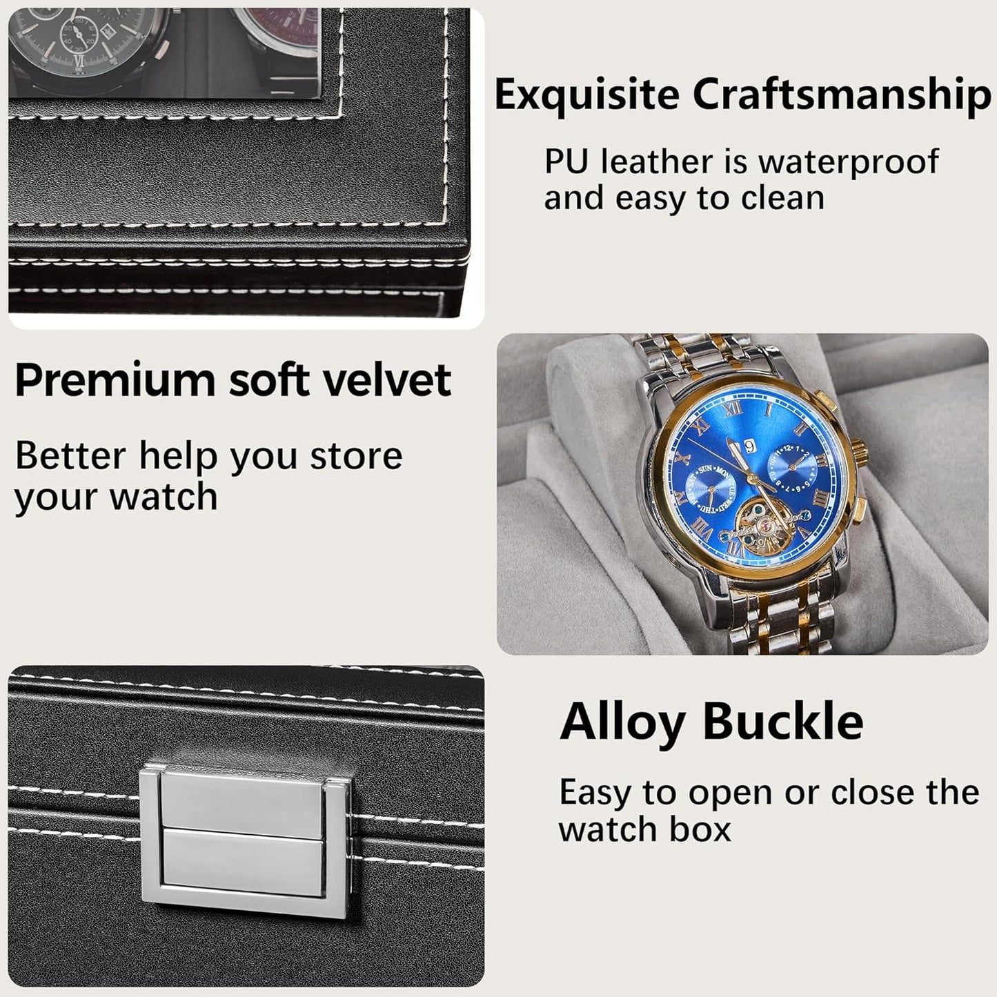 Watch Box, 20-Slot Watch Cases for Men with Large Glass Lid | Watch Case with Removable Watch Pillows, Synthetic Leather, Watch Storage Organizer Box, Watch Display Case, Black SSH04B