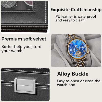 Watch Box, 20-Slot Watch Cases for Men with Large Glass Lid | Watch Case with Removable Watch Pillows, Synthetic Leather, Watch Storage Organizer Box, Watch Display Case, Black SSH04B