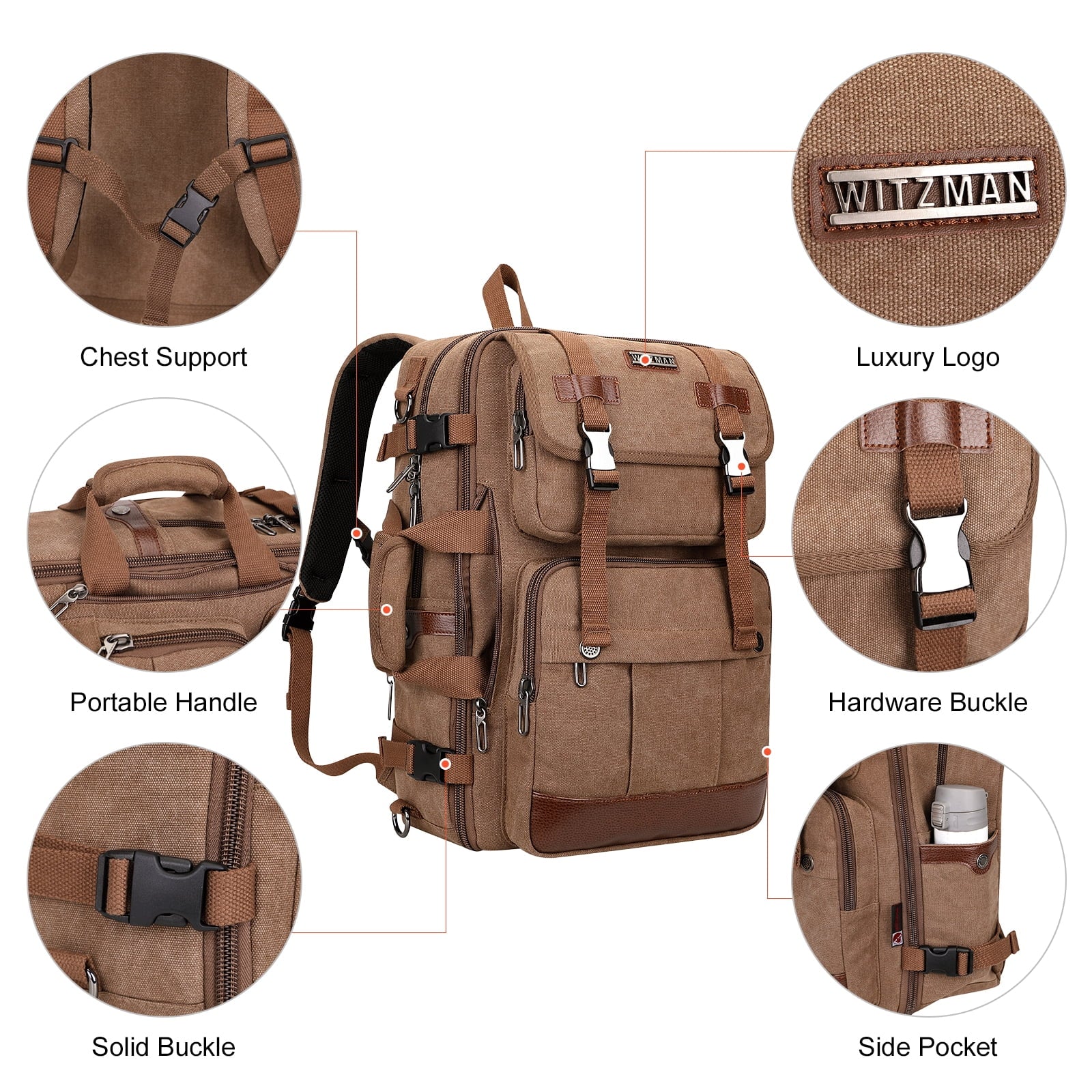 Canvas Travel Backpack for Men Women Expandable Large Carry on Duffel Bag Backpack for Airplane Fit 17 Inch Laptop (A6617-3 Brown)