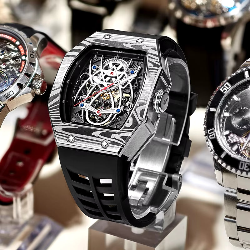 Classic Tonneau Men'S Watch Spider Edition Automatic Mechanical Movement Wristatches Luxury Rubber Strap Reloj Hombre