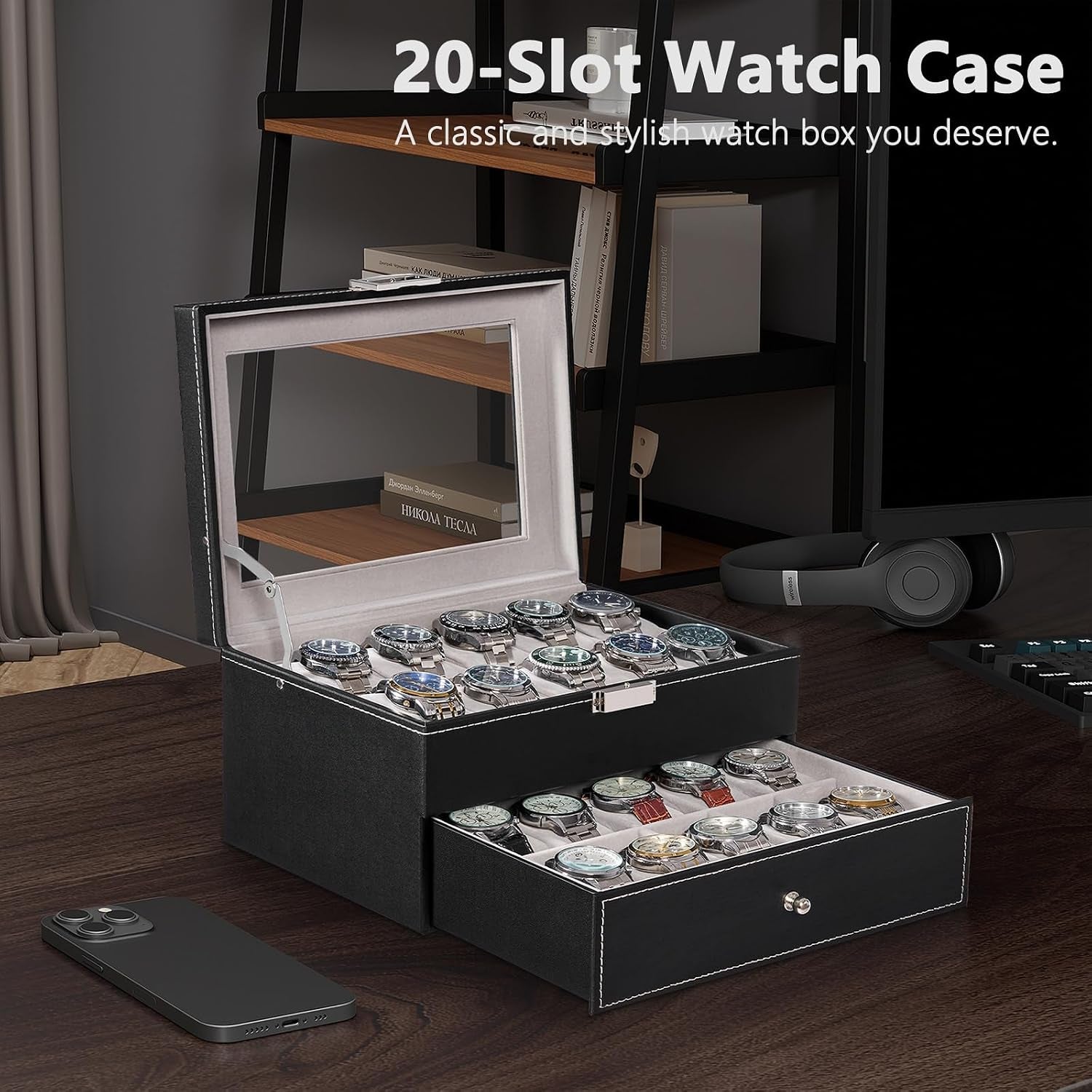 Watch Box, 20-Slot Watch Cases for Men with Large Glass Lid | Watch Case with Removable Watch Pillows, Synthetic Leather, Watch Storage Organizer Box, Watch Display Case, Black SSH04B