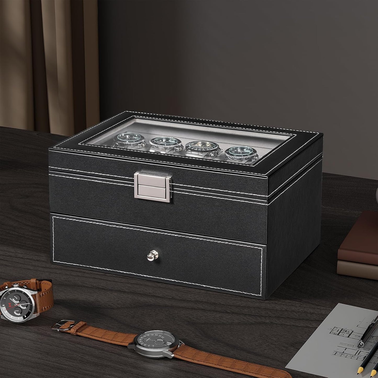 Watch Box, 20-Slot Watch Cases for Men with Large Glass Lid | Watch Case with Removable Watch Pillows, Synthetic Leather, Watch Storage Organizer Box, Watch Display Case, Black SSH04B