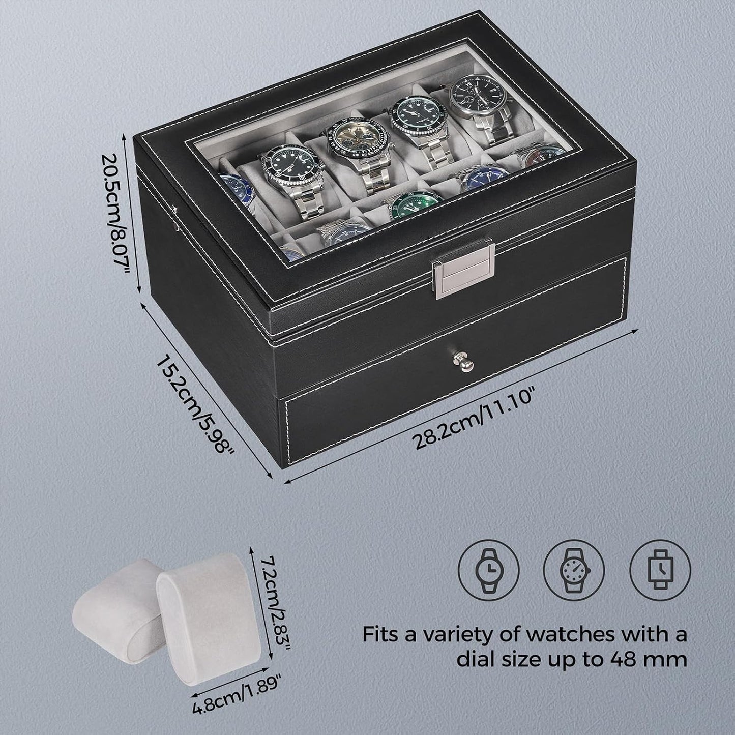 Watch Box, 20-Slot Watch Cases for Men with Large Glass Lid | Watch Case with Removable Watch Pillows, Synthetic Leather, Watch Storage Organizer Box, Watch Display Case, Black SSH04B