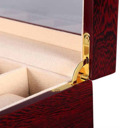 Watch Box, 6 Slot Watch Case, Watch Holder with Glass Lid, Wooden Watch Case with Removable Watch Pillow, Metal Clasp Watch Display, Clear