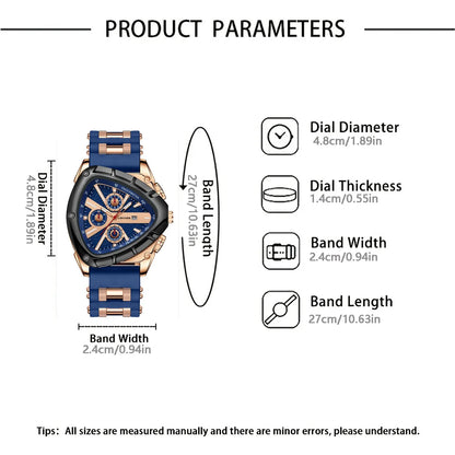 Luxury Men Watch Silicone Band Triangle Dial Unique Watch Date Watch, Quartz Watch |Business Watch