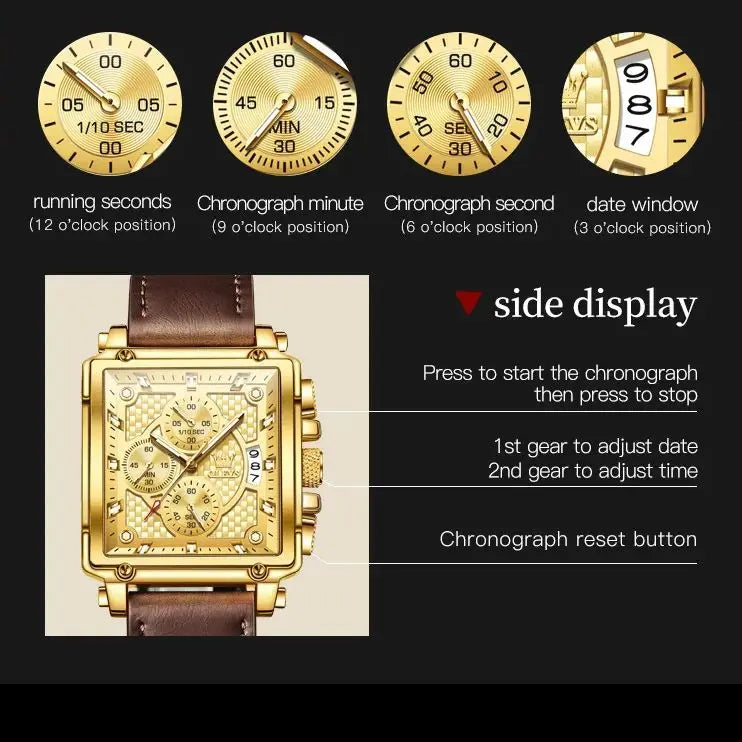 9925 Luxury Men Watch Gold Multi Functional Square Quartz Watch Waterproof Luminous Timing Watch Sports Leather Men Watch