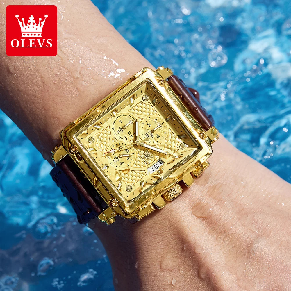 9925 Luxury Men Watch Gold Multi Functional Square Quartz Watch Waterproof Luminous Timing Watch Sports Leather Men Watch