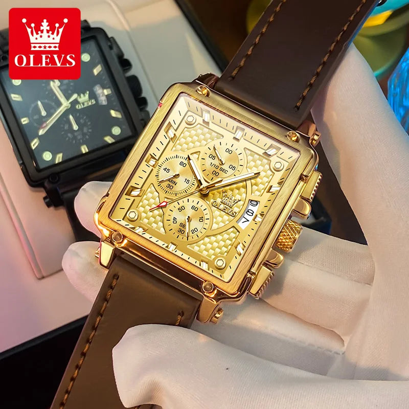 9925 Luxury Men Watch Gold Multi Functional Square Quartz Watch Waterproof Luminous Timing Watch Sports Leather Men Watch