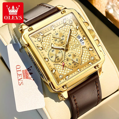 9925 Luxury Men Watch Gold Multi Functional Square Quartz Watch Waterproof Luminous Timing Watch Sports Leather Men Watch