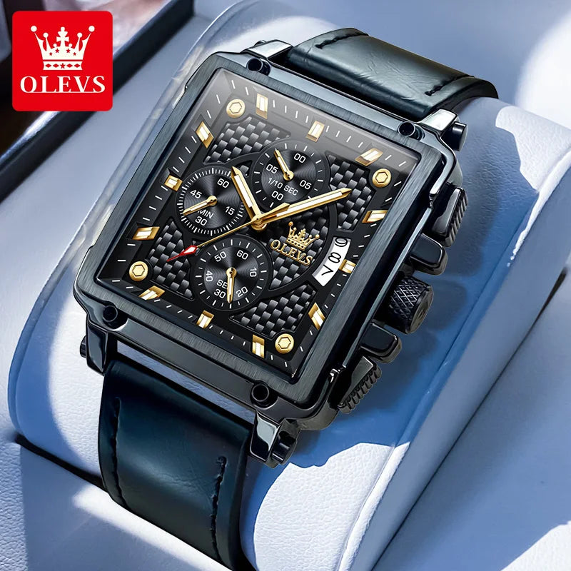 9925 Luxury Men Watch Gold Multi Functional Square Quartz Watch Waterproof Luminous Timing Watch Sports Leather Men Watch