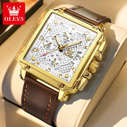 9925 Luxury Men Watch Gold Multi Functional Square Quartz Watch Waterproof Luminous Timing Watch Sports Leather Men Watch