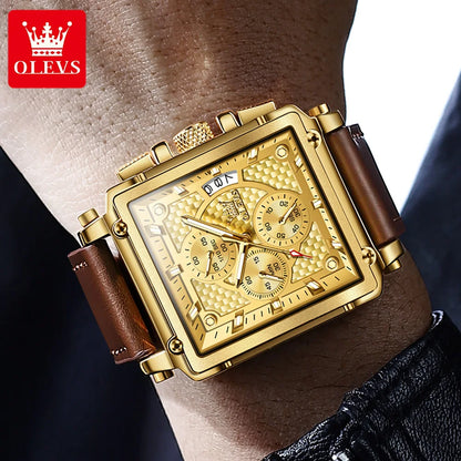 9925 Luxury Men Watch Gold Multi Functional Square Quartz Watch Waterproof Luminous Timing Watch Sports Leather Men Watch
