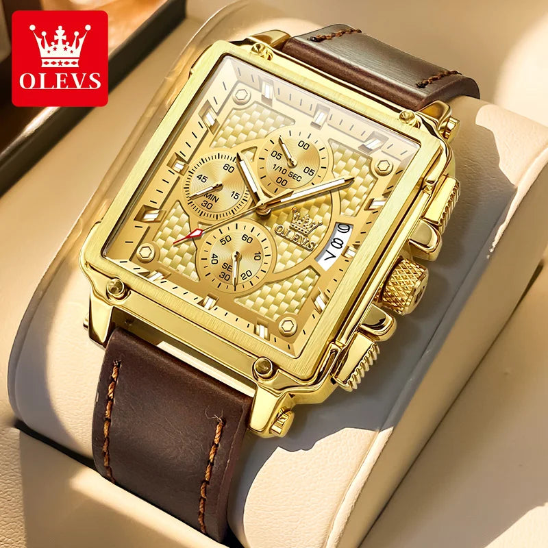 9925 Luxury Men Watch Gold Multi Functional Square Quartz Watch Waterproof Luminous Timing Watch Sports Leather Men Watch