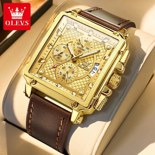 9925 Luxury Men Watch Gold Multi Functional Square Quartz Watch Waterproof Luminous Timing Watch Sports Leather Men Watch