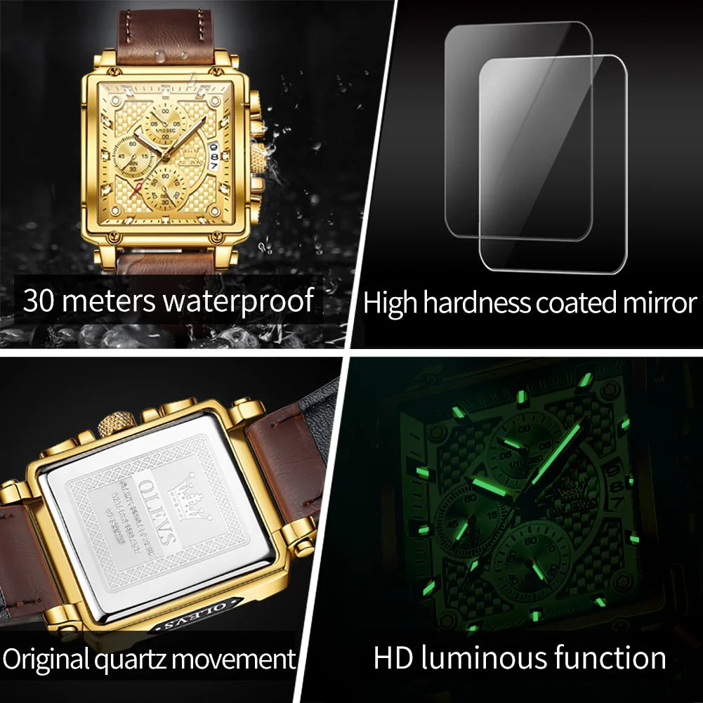 9925 Luxury Men Watch Gold Multi Functional Square Quartz Watch Waterproof Luminous Timing Watch Sports Leather Men Watch