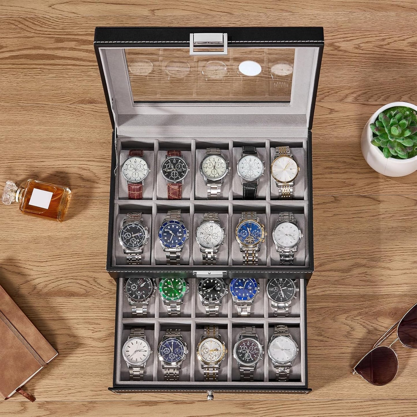 Watch Box, 20-Slot Watch Cases for Men with Large Glass Lid | Watch Case with Removable Watch Pillows, Synthetic Leather, Watch Storage Organizer Box, Watch Display Case, Black SSH04B
