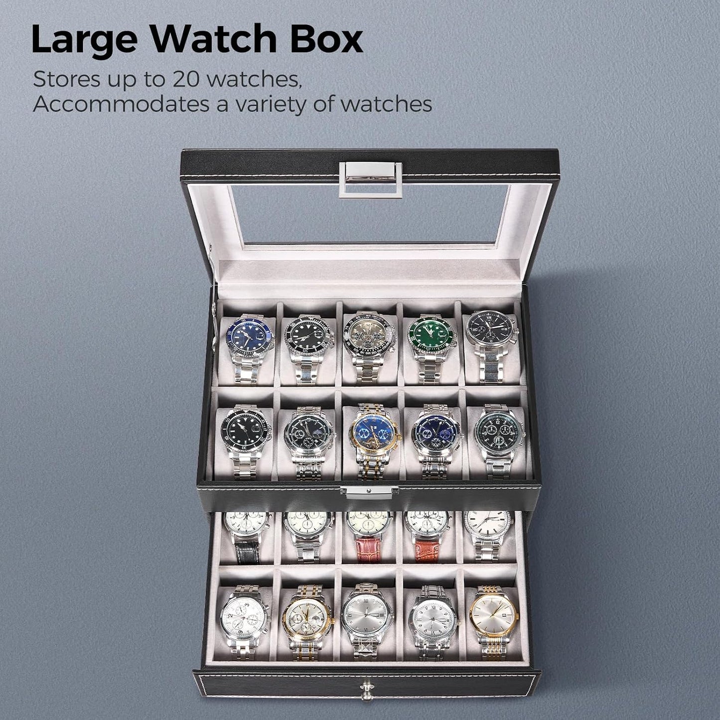 Watch Box, 20-Slot Watch Cases for Men with Large Glass Lid | Watch Case with Removable Watch Pillows, Synthetic Leather, Watch Storage Organizer Box, Watch Display Case, Black SSH04B
