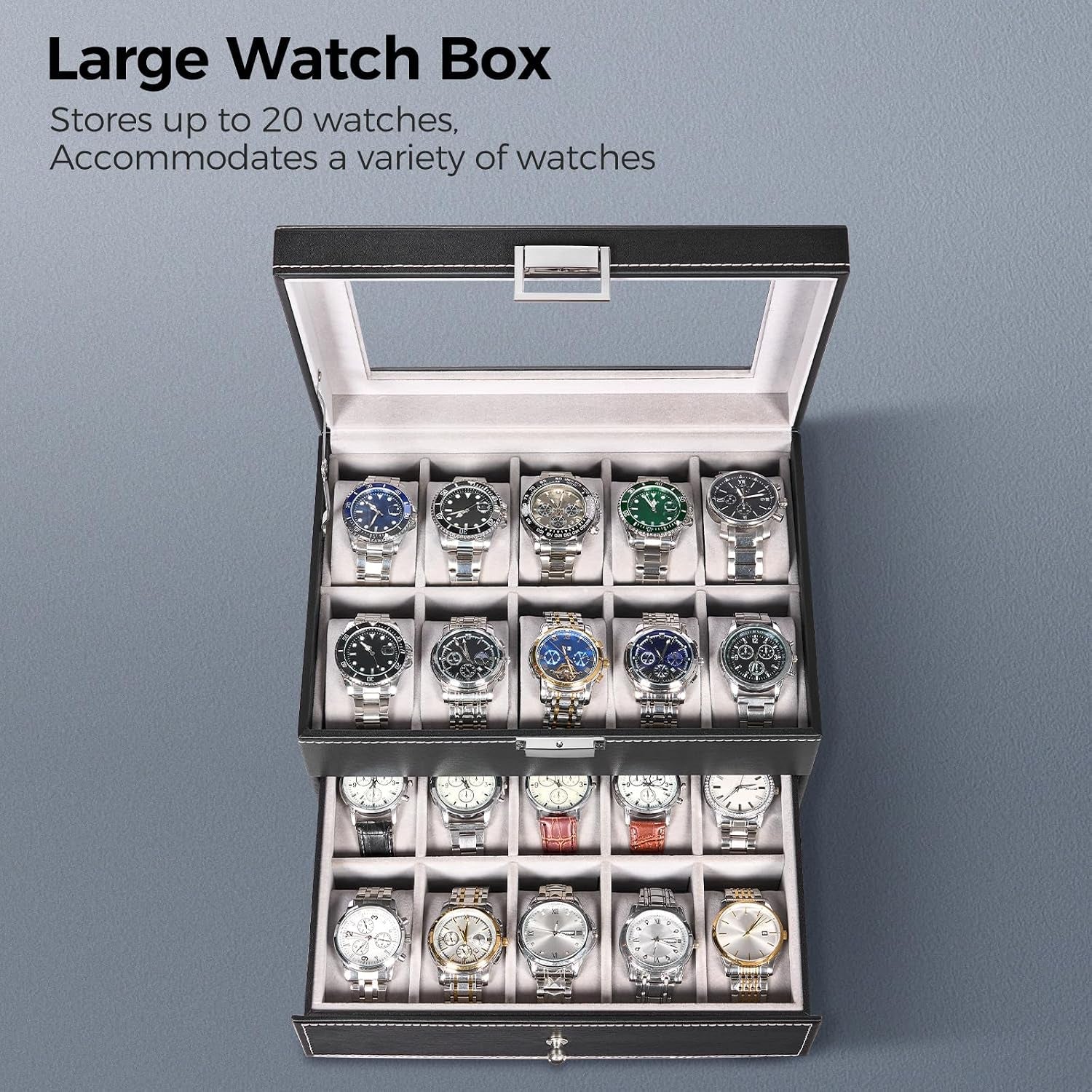 Watch Box, 20-Slot Watch Cases for Men with Large Glass Lid | Watch Case with Removable Watch Pillows, Synthetic Leather, Watch Storage Organizer Box, Watch Display Case, Black SSH04B