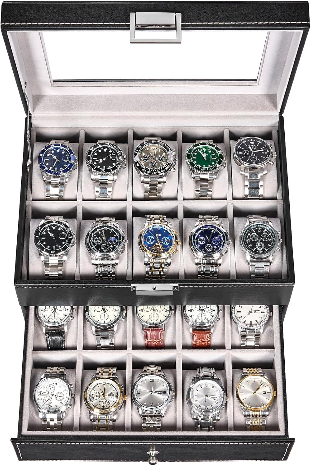 Watch Box, 20-Slot Watch Cases for Men with Large Glass Lid | Watch Case with Removable Watch Pillows, Synthetic Leather, Watch Storage Organizer Box, Watch Display Case, Black SSH04B