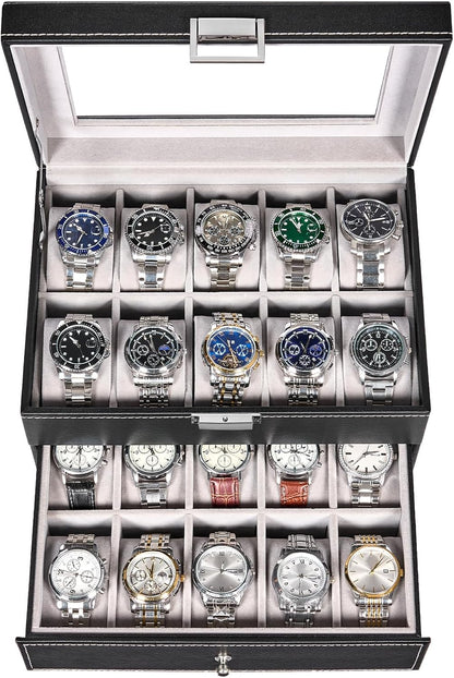 Watch Box, 20-Slot Watch Cases for Men with Large Glass Lid | Watch Case with Removable Watch Pillows, Synthetic Leather, Watch Storage Organizer Box, Watch Display Case, Black SSH04B