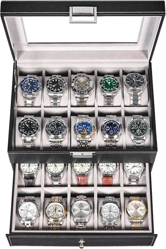 Watch Box, 20-Slot Watch Cases for Men with Large Glass Lid | Watch Case with Removable Watch Pillows, Synthetic Leather, Watch Storage Organizer Box, Watch Display Case, Black SSH04B