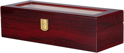 Watch Box, 6 Slot Watch Case, Watch Holder with Glass Lid, Wooden Watch Case with Removable Watch Pillow, Metal Clasp Watch Display, Clear