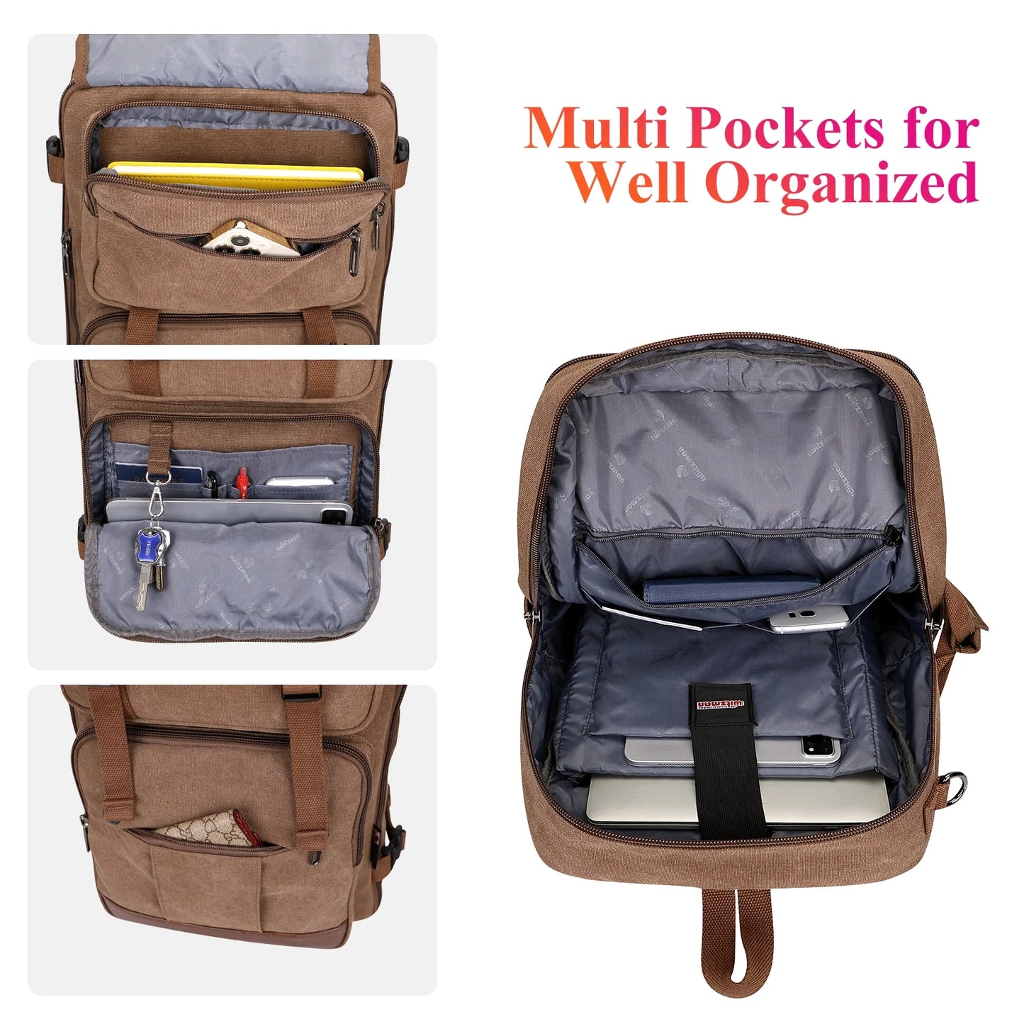 Canvas Travel Backpack for Men Women Expandable Large Carry on Duffel Bag Backpack for Airplane Fit 17 Inch Laptop (A6617-3 Brown)