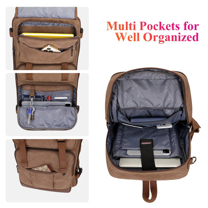 Canvas Travel Backpack for Men Women Expandable Large Carry on Duffel Bag Backpack for Airplane Fit 17 Inch Laptop (A6617-3 Brown)