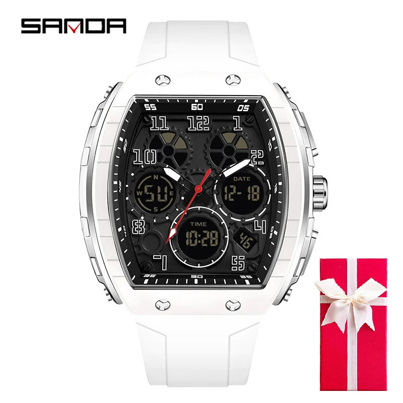 Men Sports Digital Wrist Watches for Male Clock Dual Display Man Tonneau Watches Chronograph Luminous Silicone Band Dropship
