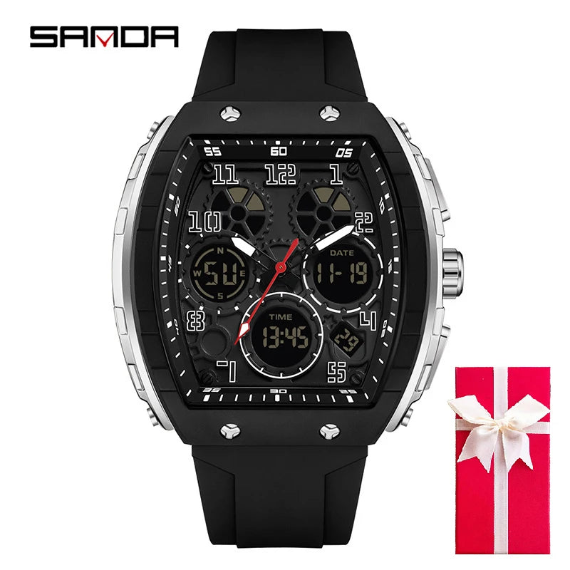 Men Sports Digital Wrist Watches for Male Clock Dual Display Man Tonneau Watches Chronograph Luminous Silicone Band Dropship