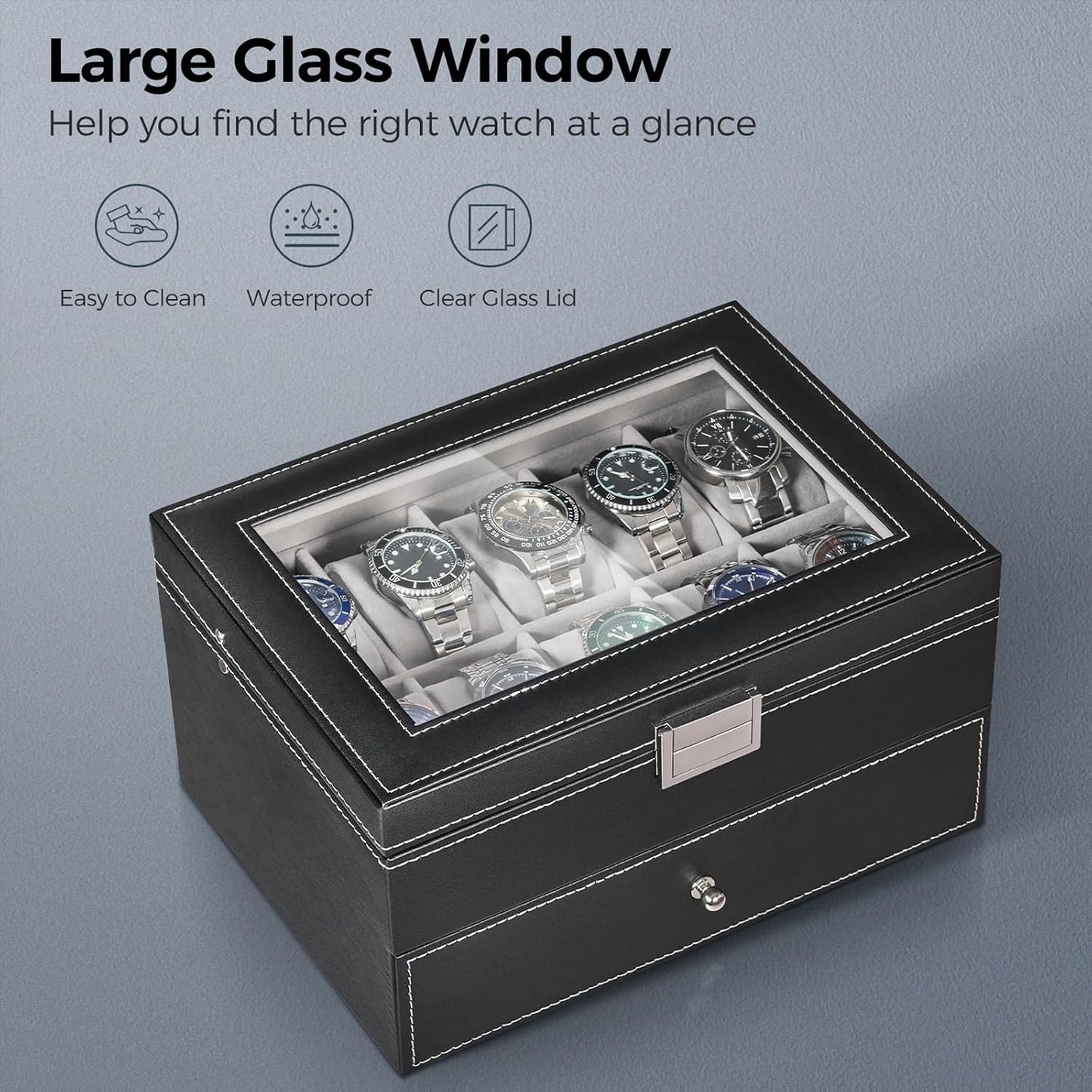 Watch Box, 20-Slot Watch Cases for Men with Large Glass Lid | Watch Case with Removable Watch Pillows, Synthetic Leather, Watch Storage Organizer Box, Watch Display Case, Black SSH04B